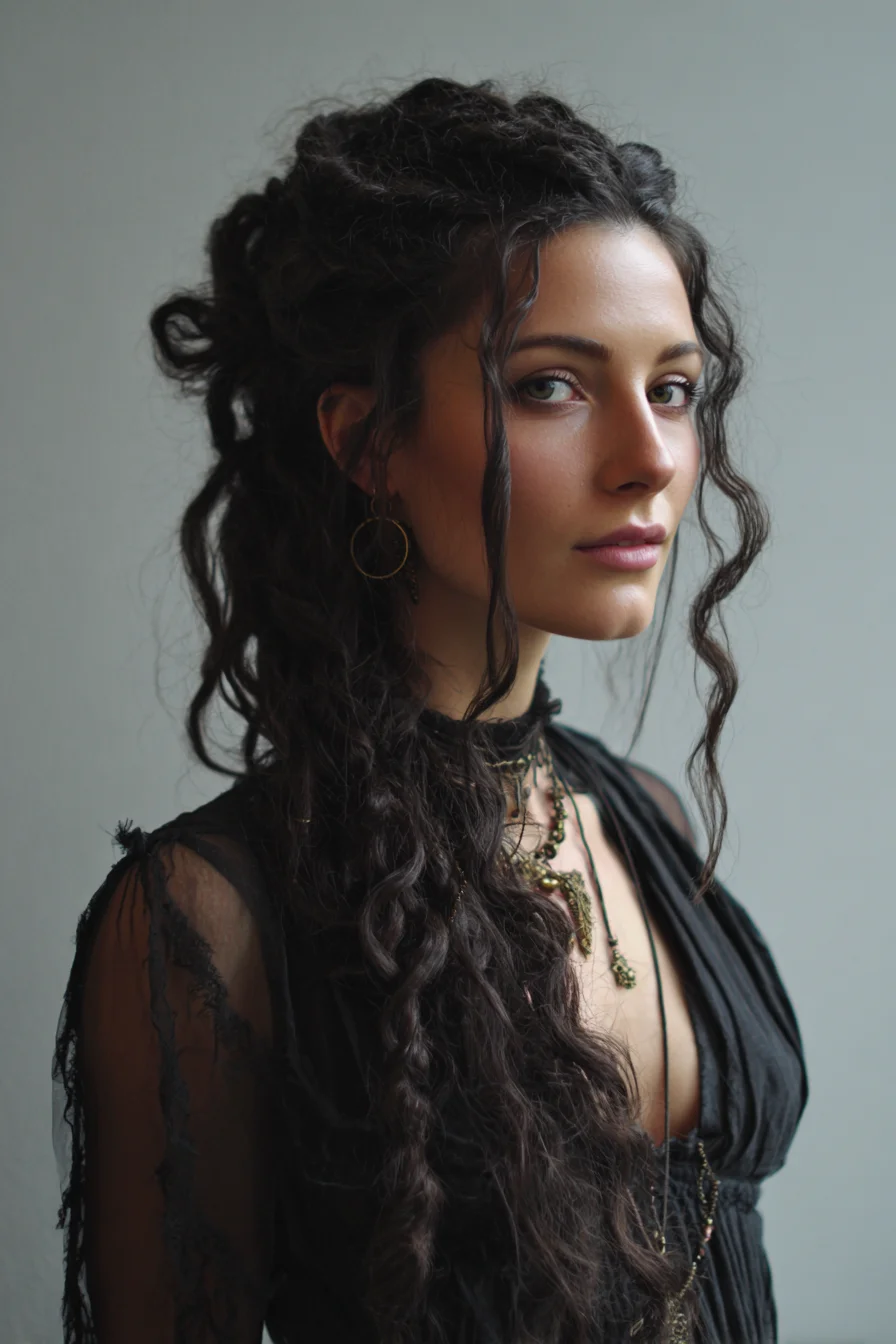 Bohemian Half‑Up Textured Curls with Face‑Framing Tendrils