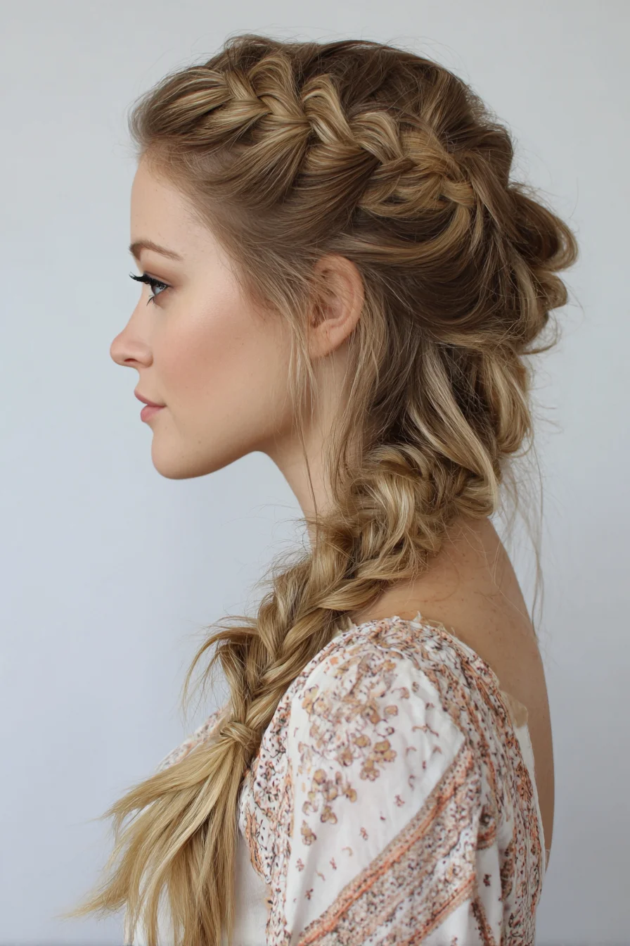 Boho Dutch Crown into Loose Textured Side Braid