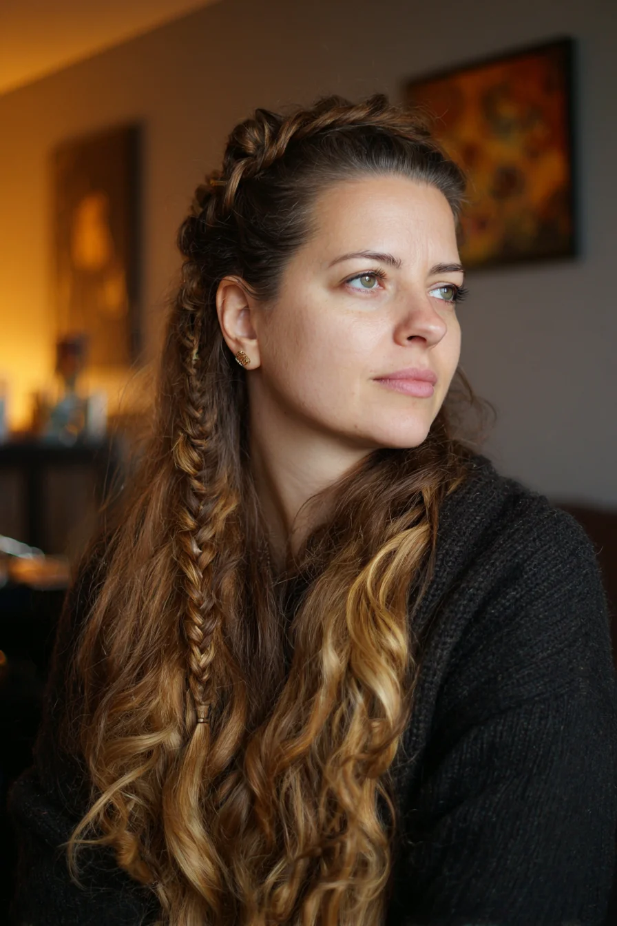 Boho Half-Up Braided Crown with Side Fishtail and Loose Waves
