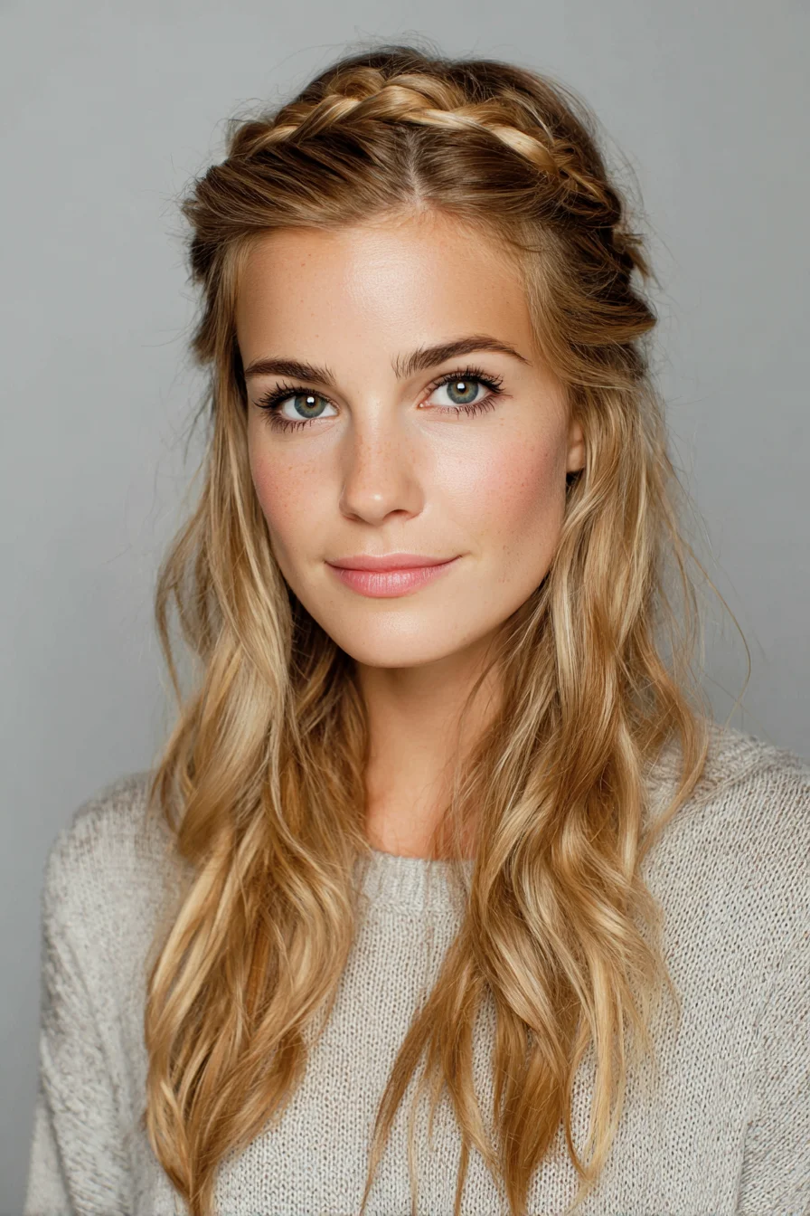Boho Half-Up Crown Braid with Loose Beach Waves