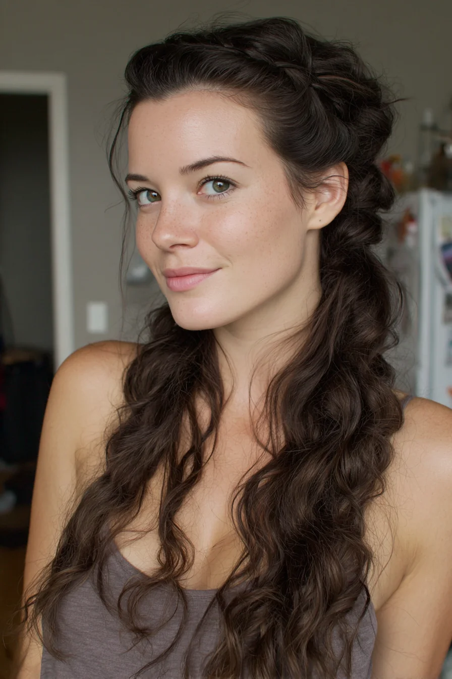 Boho Half-Up Crown Braid with Loose Waves