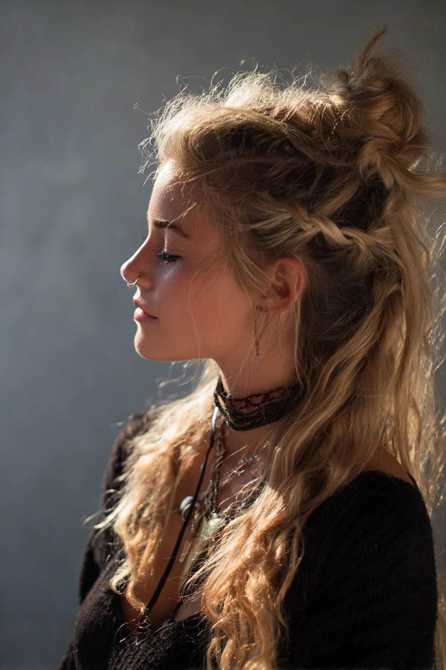 Boho Half-Up Messy Bun with Side Braids for Wavy/Thick Hair