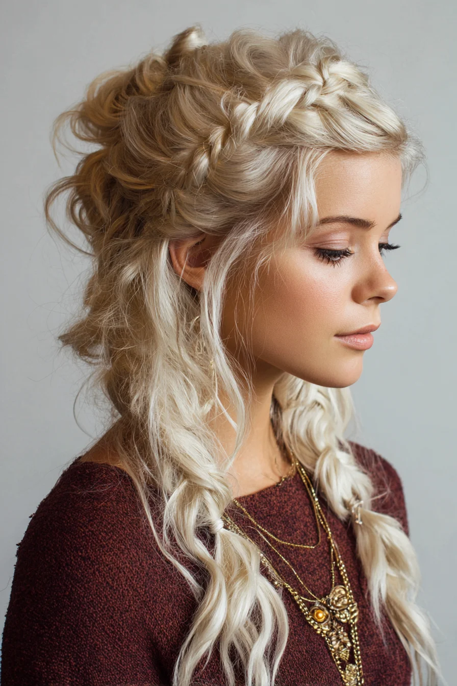 Boho Loose Dutch Braid Half-Up with Textured Beach Waves
