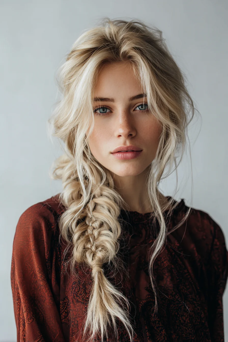 Boho Messy Side Fishtail Braid with Face‑Framing Layers