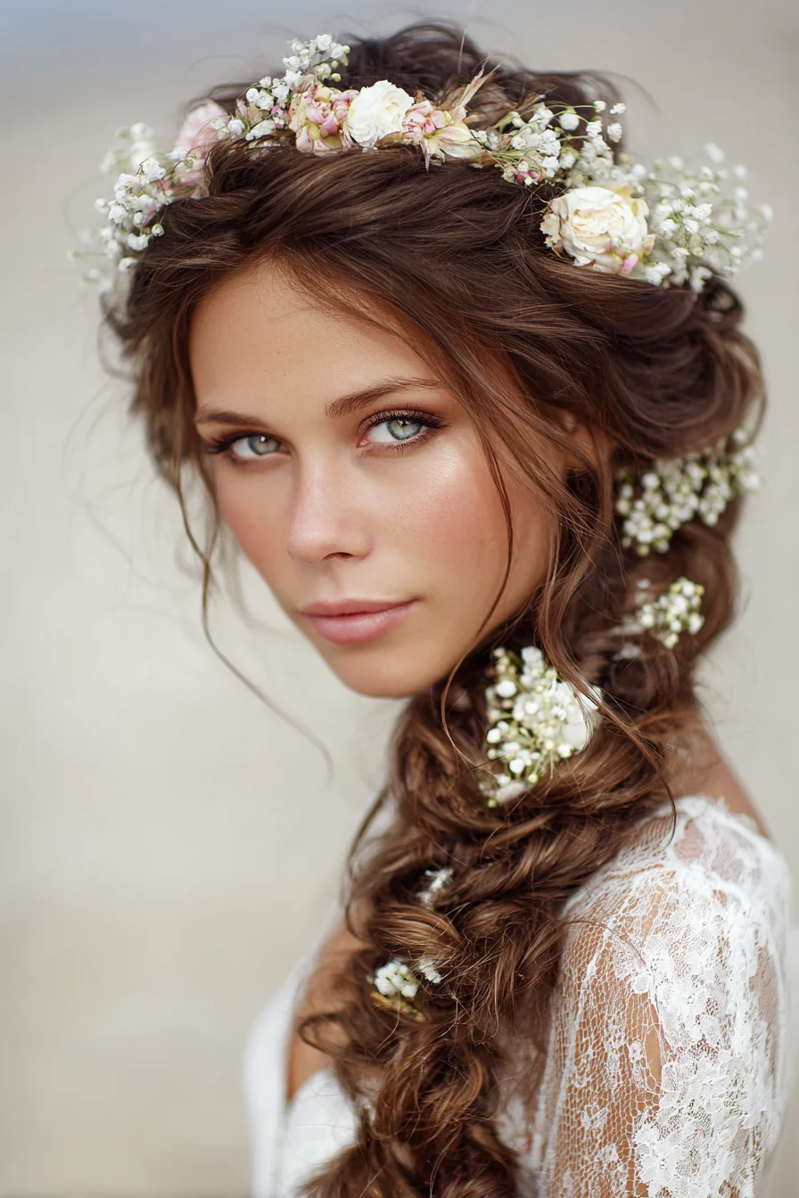 Boho Romantic Side Braid with Floral Crown — Textured Bridal Braid