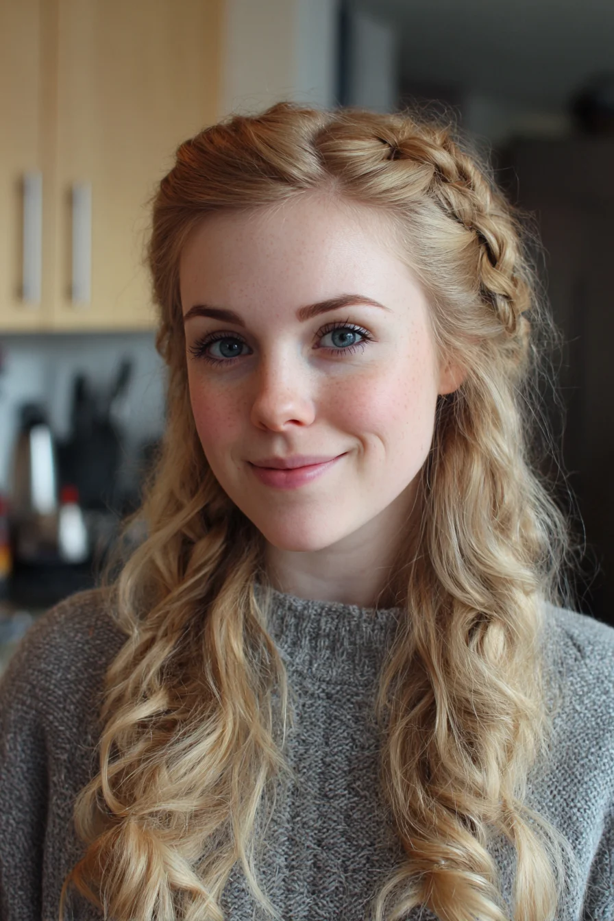 Braided Crown Half-Up with Loose Waves — Ideal for Medium to Long Hair