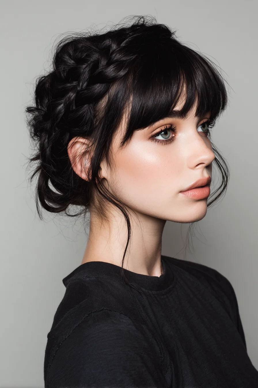 Braided Crown Updo with Face‑Framing Tendrils and Blunt Bangs