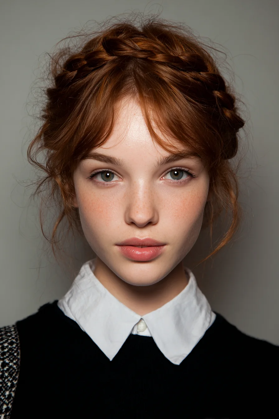 Braided Crown Updo with Soft Face‑Framing Tendrils