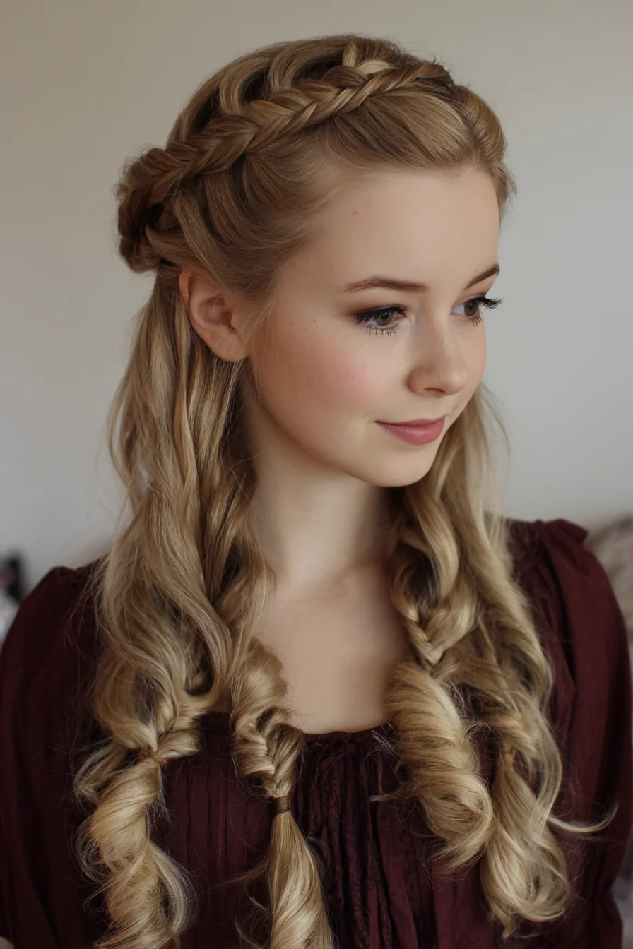 Braided Crown with Loose Rope Braids and Soft Spiral Curls