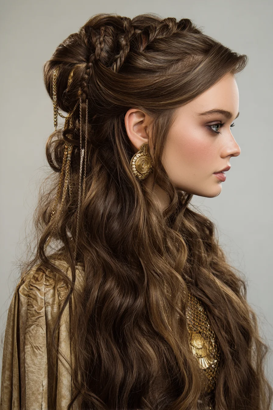 Braided Half‑Up Crown with Loose Waves and Metallic Chain Accents