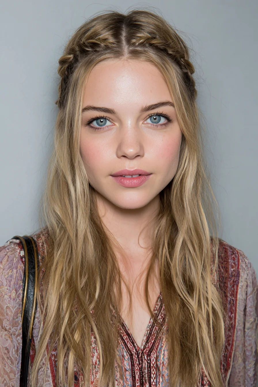 Center-Parted Twisted Half-Up Braids with Loose Beach Waves