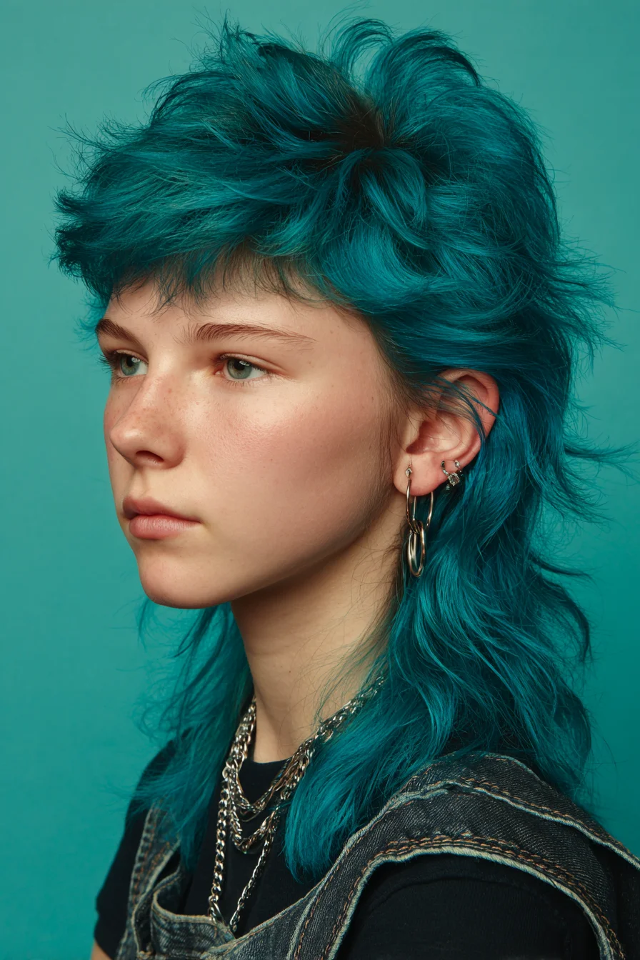 Choppy Textured Mullet with Short Fringe — Vibrant Teal