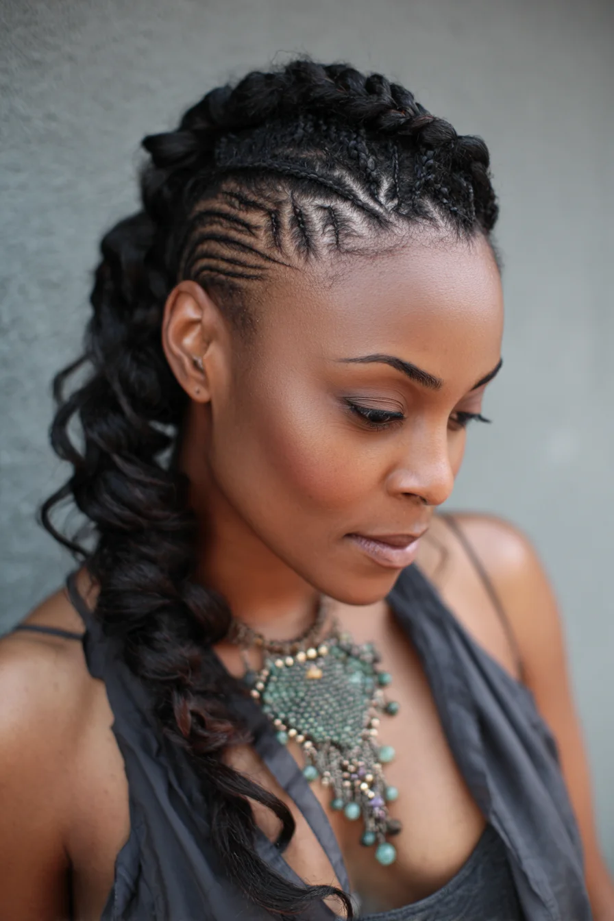 Cornrow Mohawk with Twisted Curled Ponytail