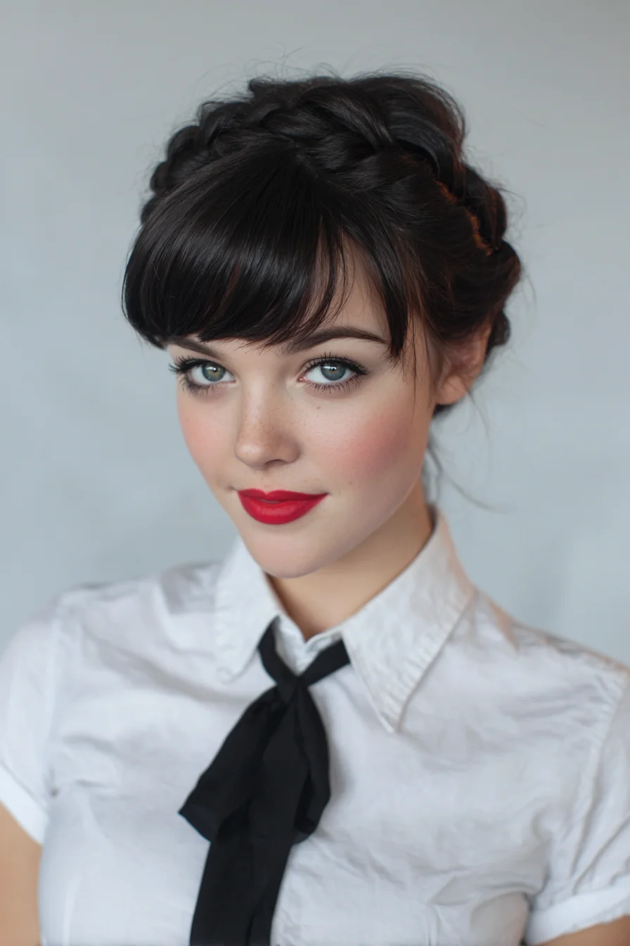 Crown Braid Updo with Blunt Fringe — Textured Braided Halo