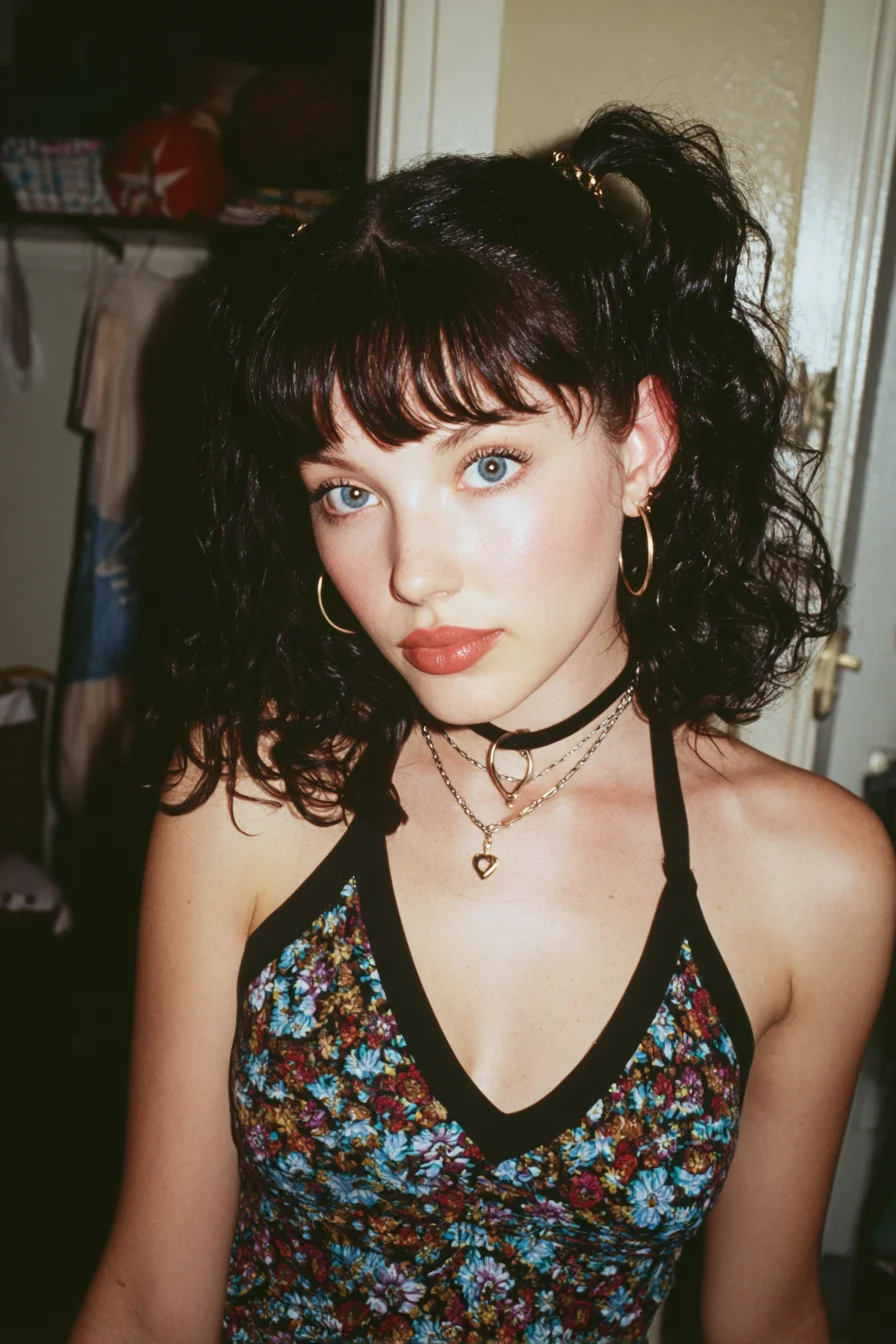 Curly Mid-Length Bob with Blunt Fringe and Mini Pigtails