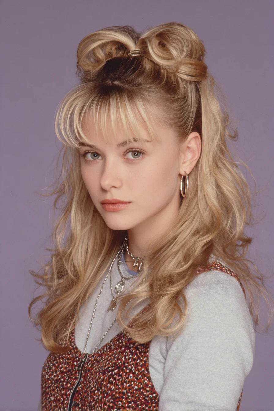 Double Bow Half-Up with Soft Waves and Curtain Bangs