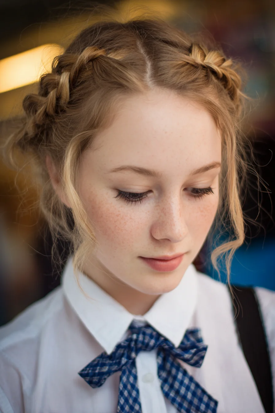 Double Dutch Crown Braids into Low Buns with Soft Face‑Framing Tendrils