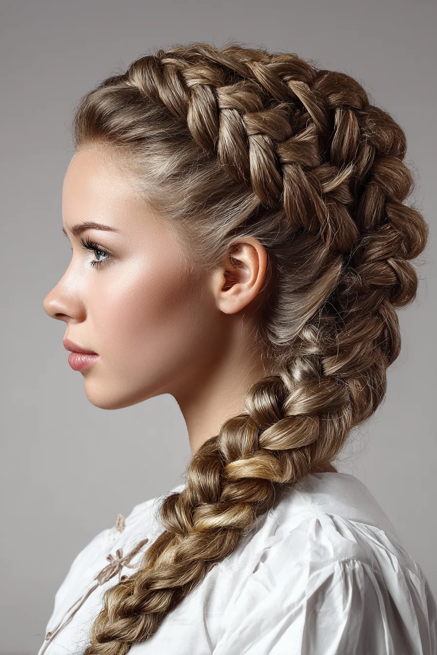 Dutch Crown Braids into Chunky Side Braid — Textured Braided Updo