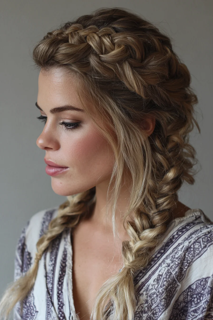 Dutch Crown Into Loose Fishtail Braids — Textured Boho Braided Hairstyle