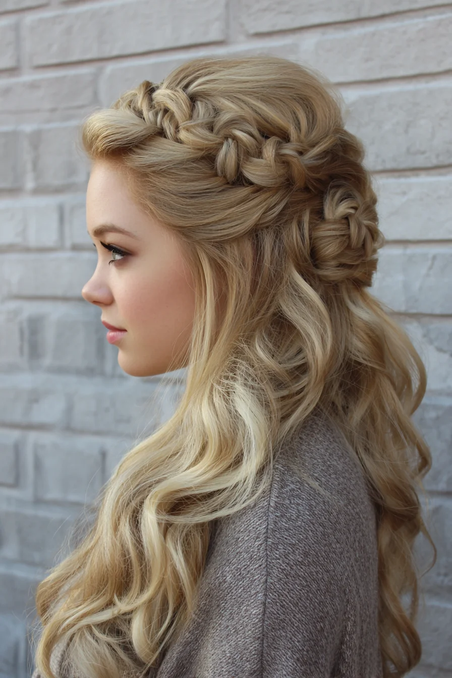 Half-Up Braided Crown with Loose Boho Waves