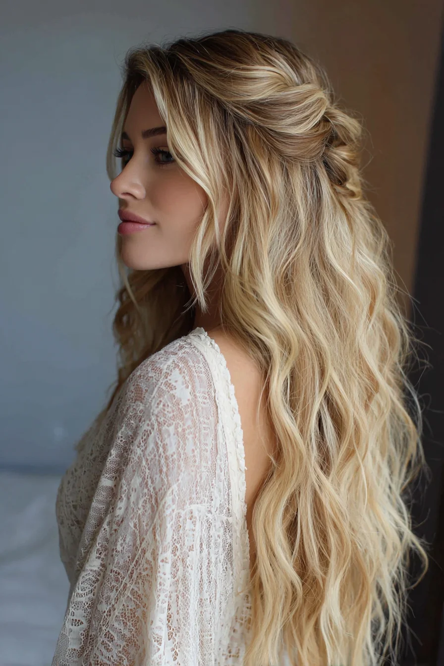 Half-Up Loose Waves with Twisted Crown — Beachy Blonde Long Hair