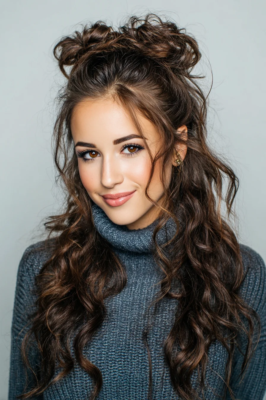 Half-Up Messy Double Buns with Loose Beachy Waves and Face‑Framing Tendrils