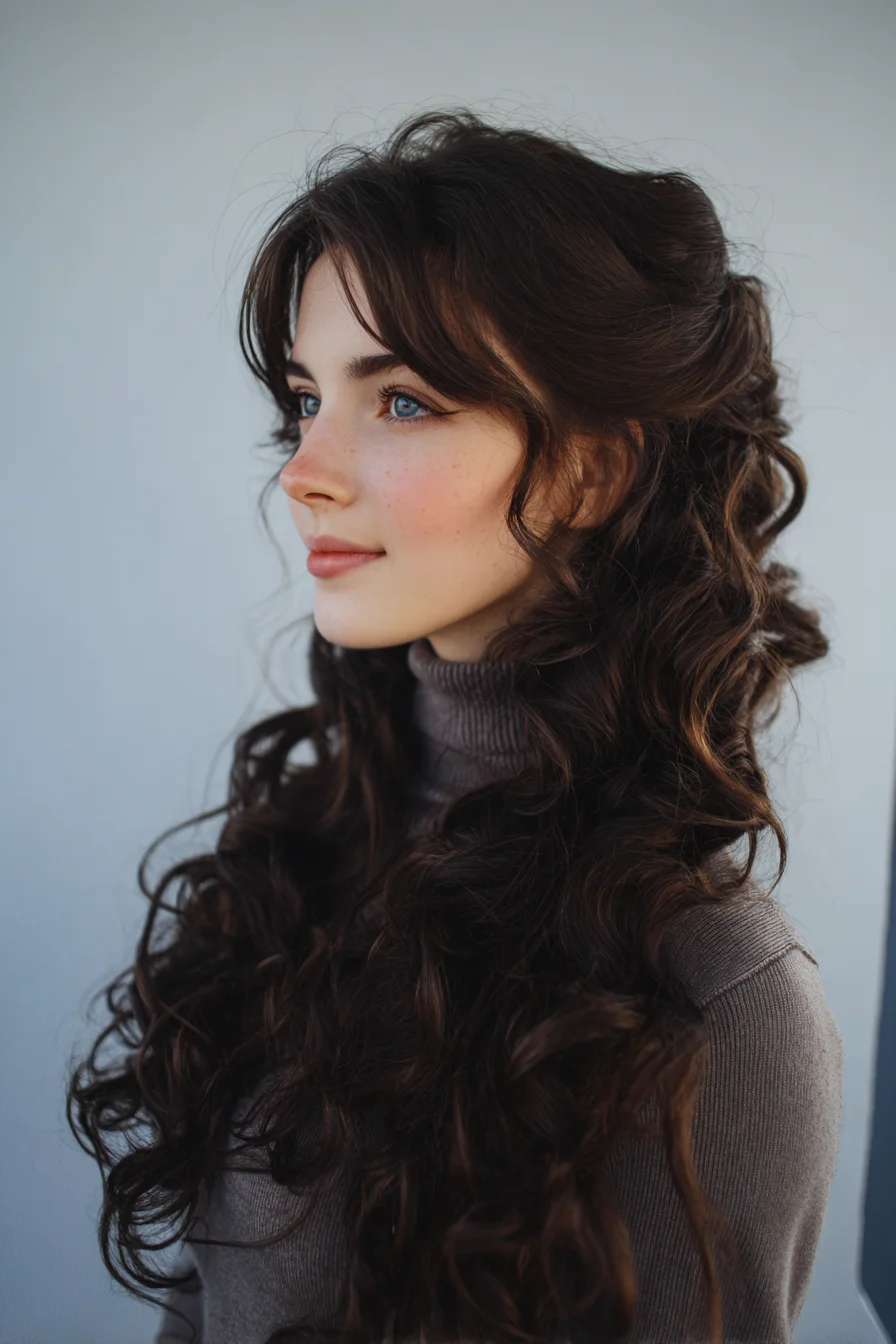 Half-Up Romantic Curls with Face-Framing Curtain Bangs