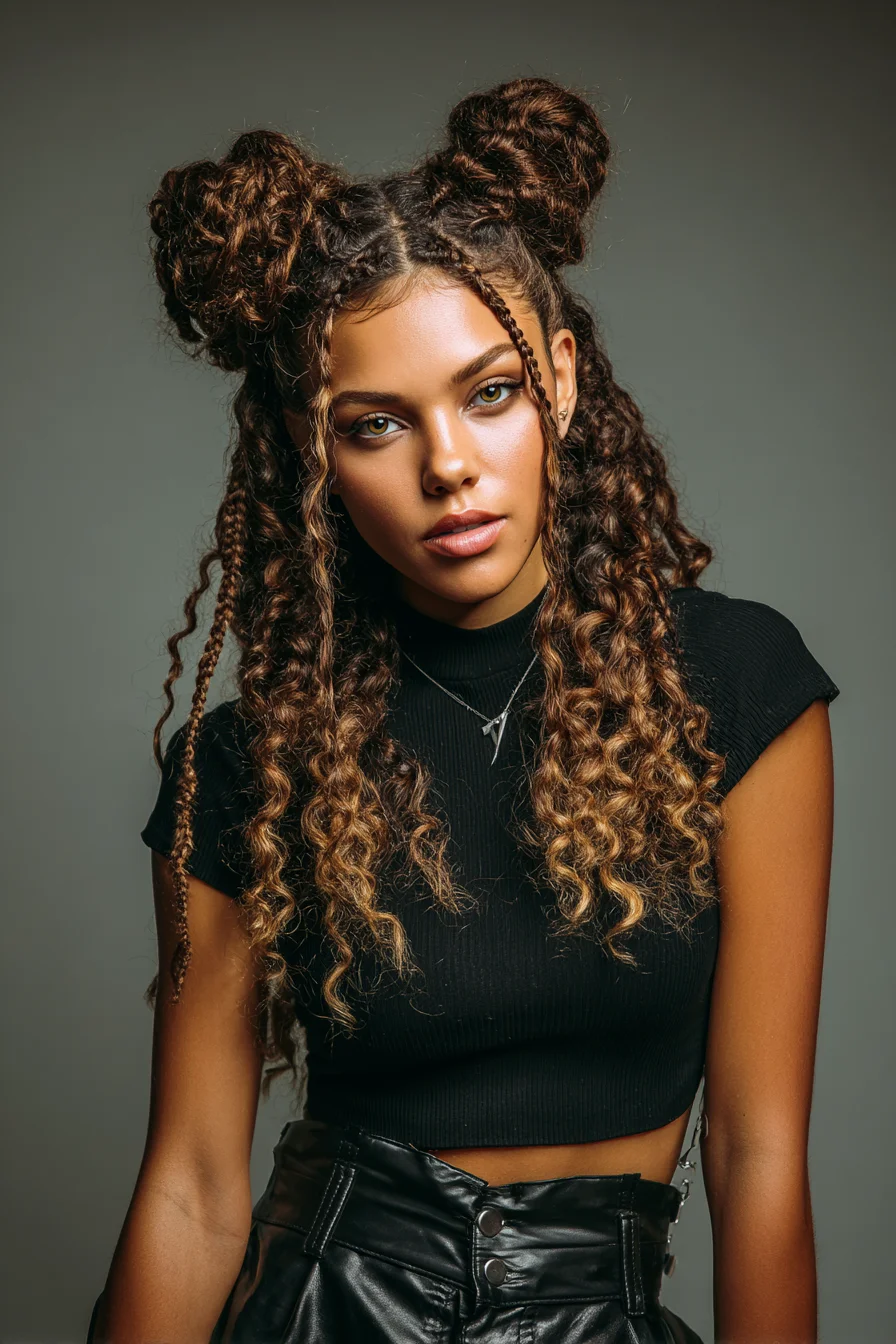 Half-Up Space Buns with Curly Texture and Face‑Framing Micro Braids