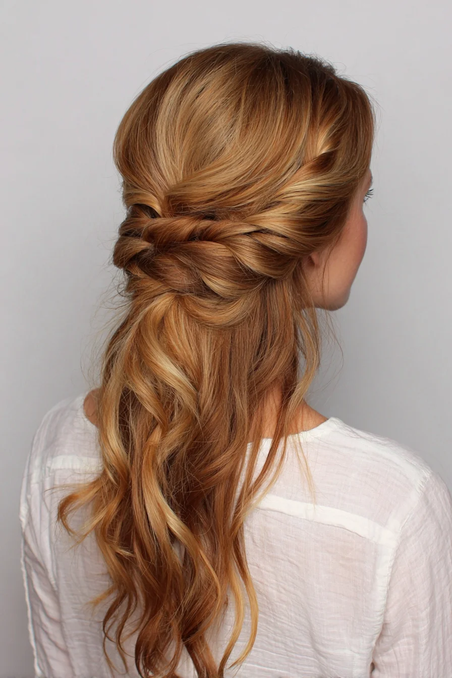 Half-Up Twisted Knot with Loose Waves — Romantic Half-Up Hairstyle for Long Hair