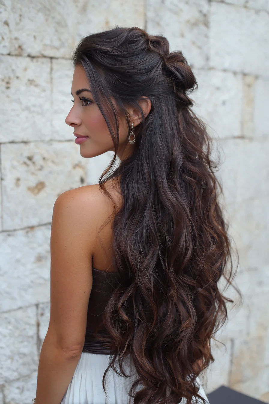 Half-Up Twisted Romantic Waves for Long Dark Hair