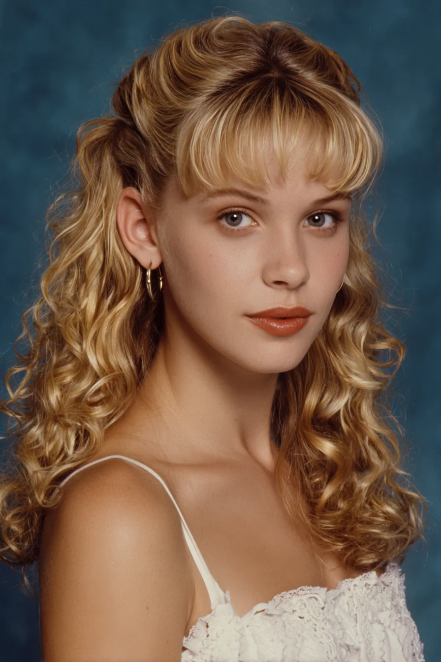 Half-Up Voluminous Curly Hairstyle with Soft Curtain Bangs