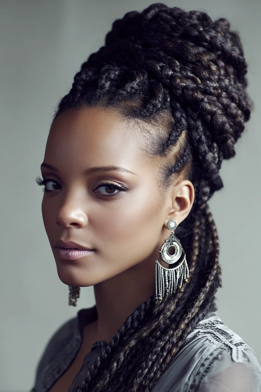 High Braided Bun with Long Box Braids — Protective Half-Up Style