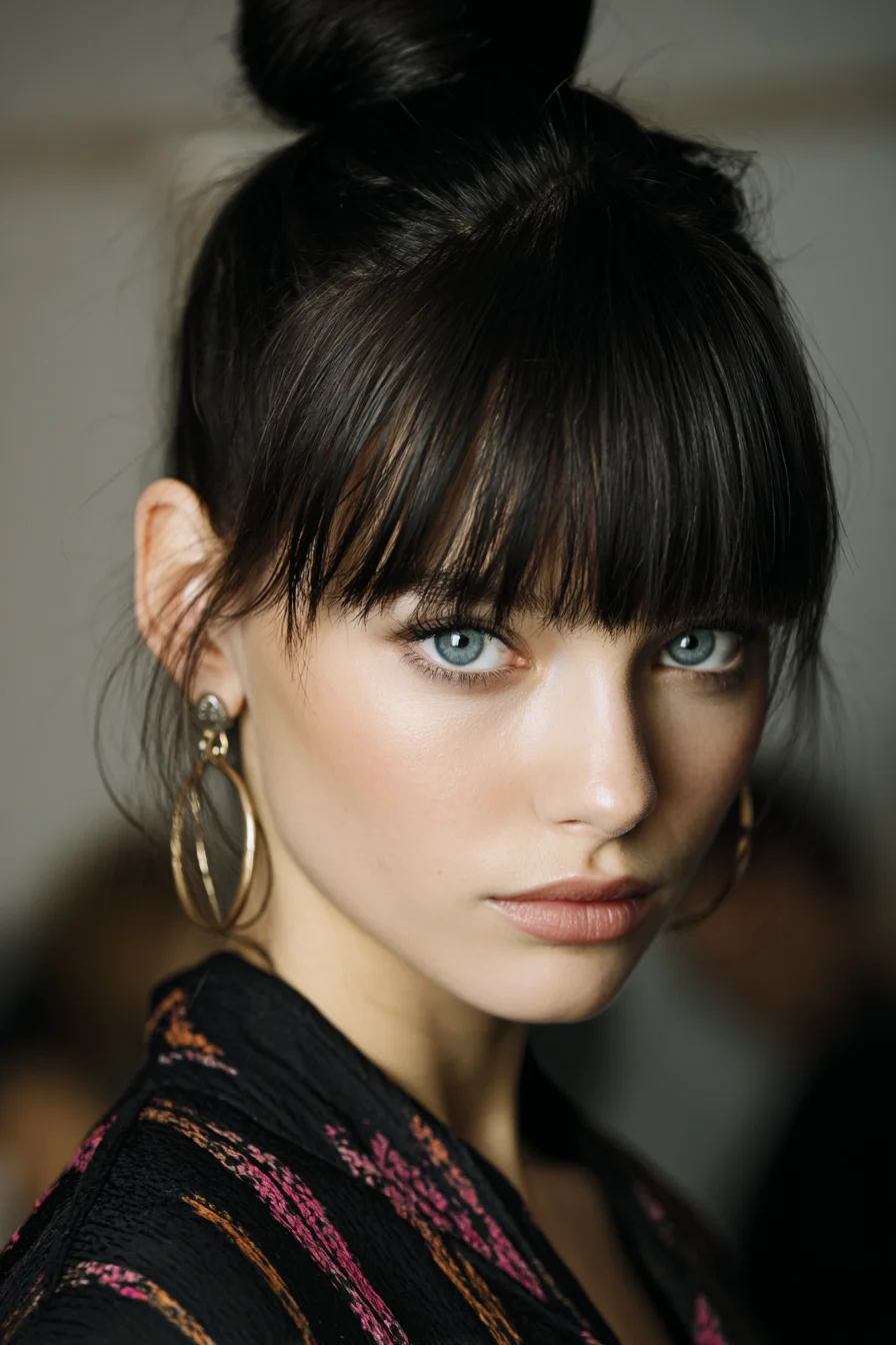High Top Knot Bun with Blunt Fringe — Sleek Updo for Straight to Wavy Hair