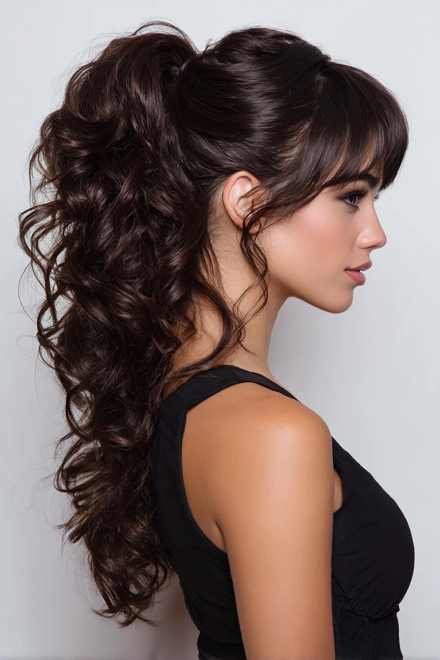 High Voluminous Curly Ponytail with Curtain Bangs