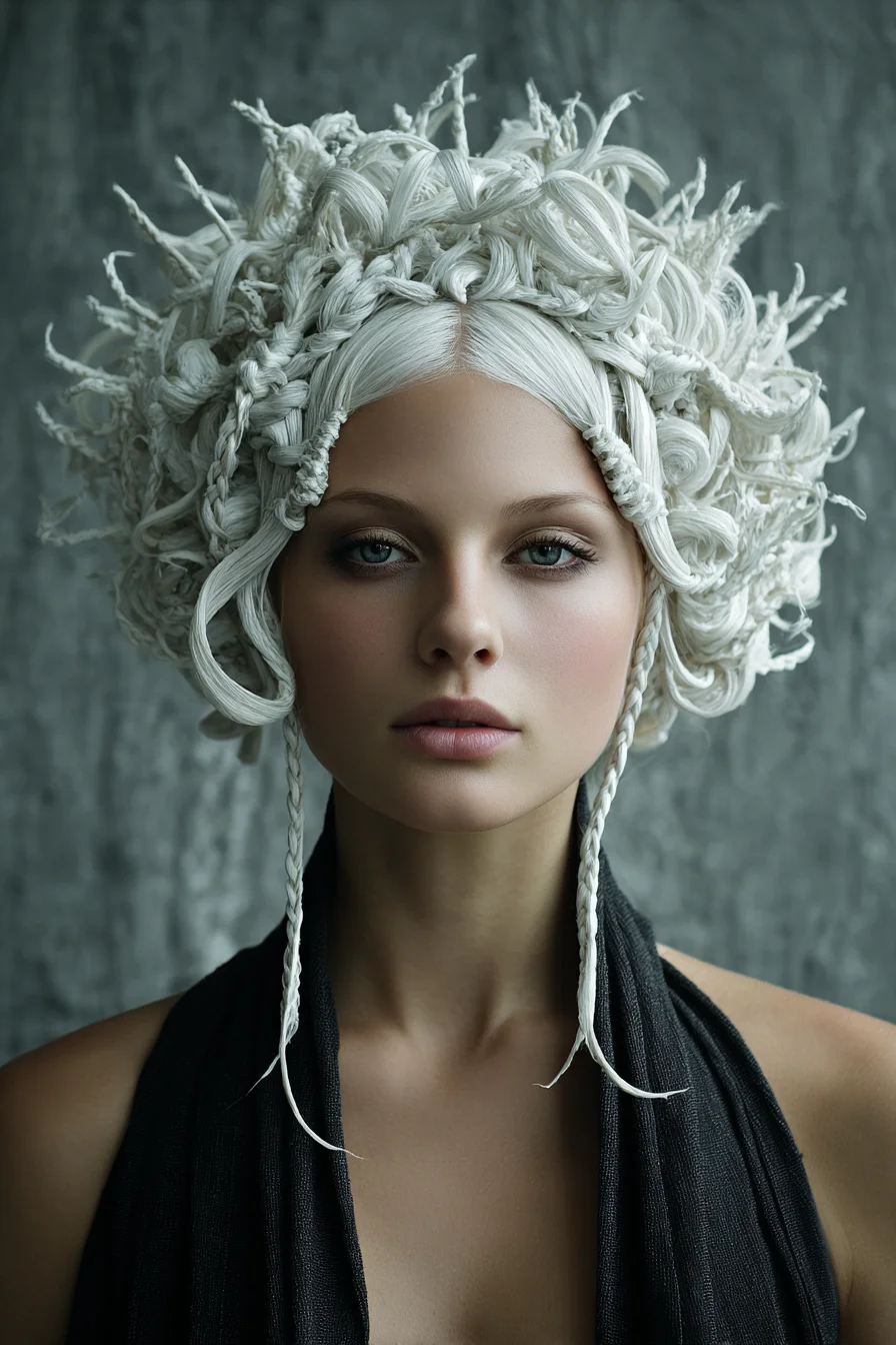 Intricate Platinum Halo: Textured Micro‑Braids and Sculpted Loop Updo