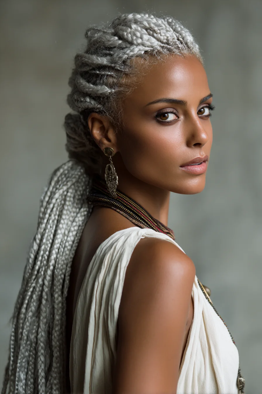 Knotless Silver Box Braids with Cornrow Base into Low Ponytail