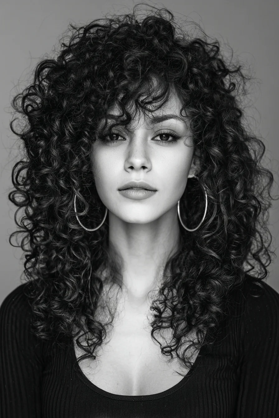 Layered Curly Shag with Face‑Framing Curtain Bangs
