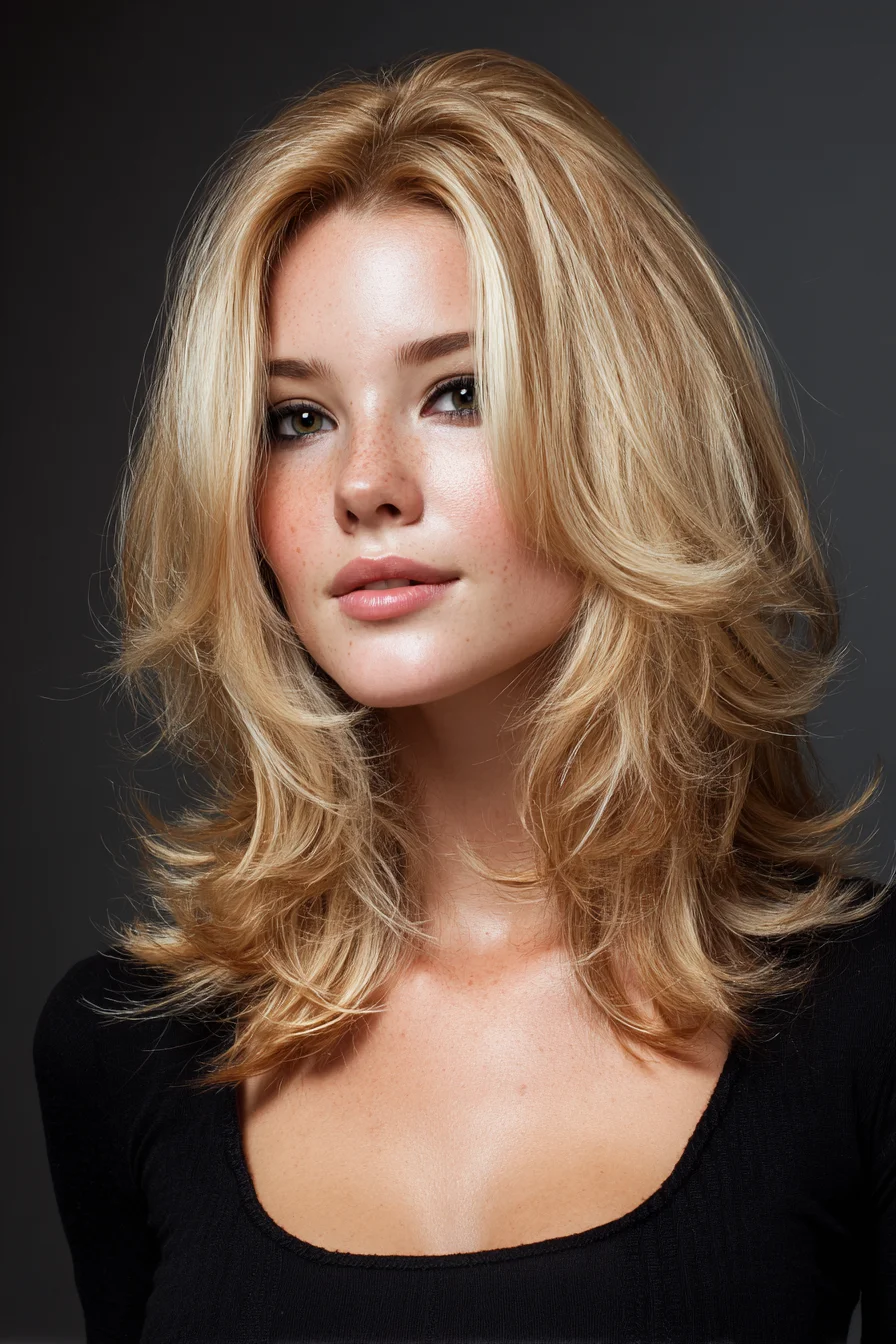 Layered Shoulder-Length Blowout with Face‑Framing Curtain Layers