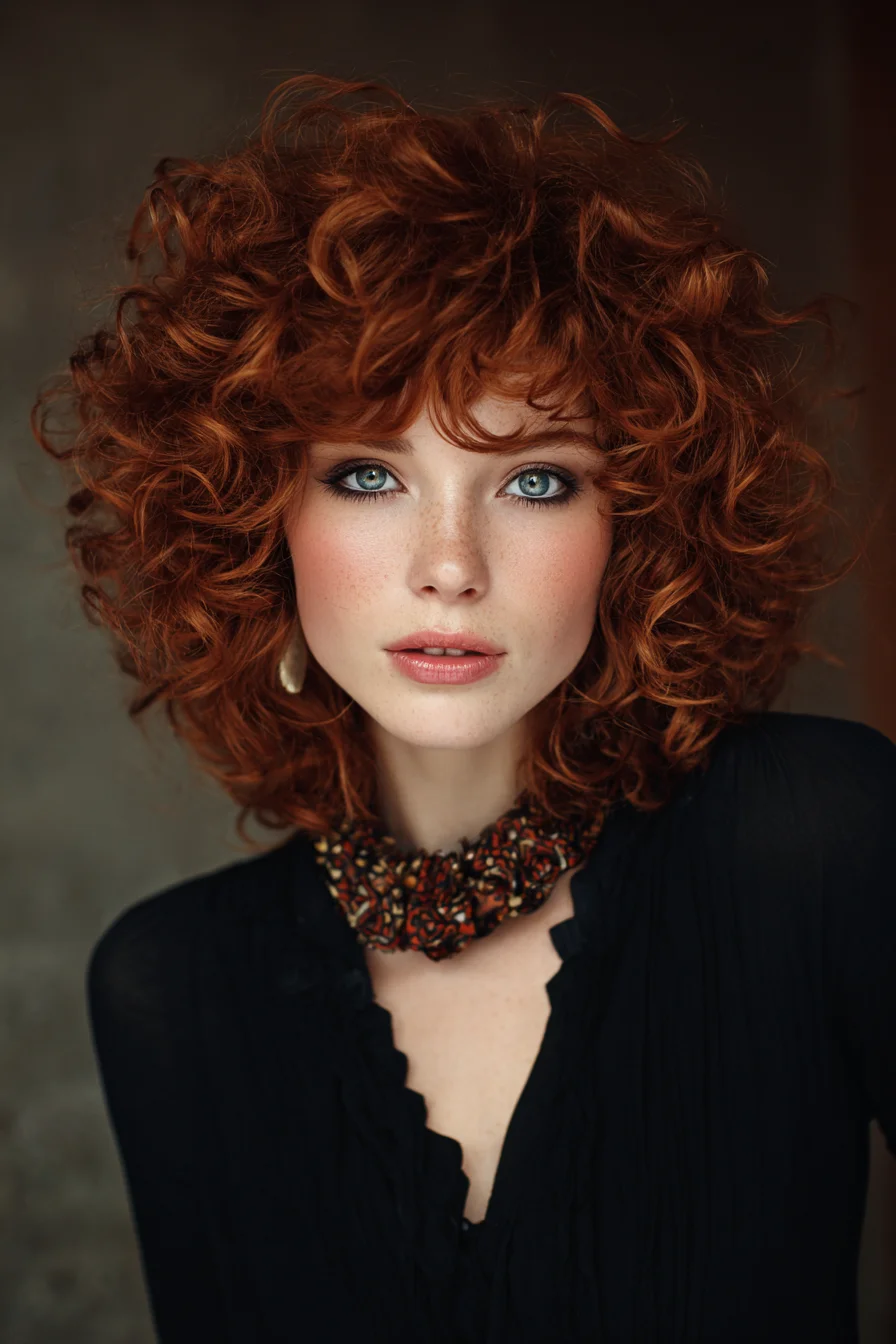 Layered Voluminous Curly Shag with Soft Fringe