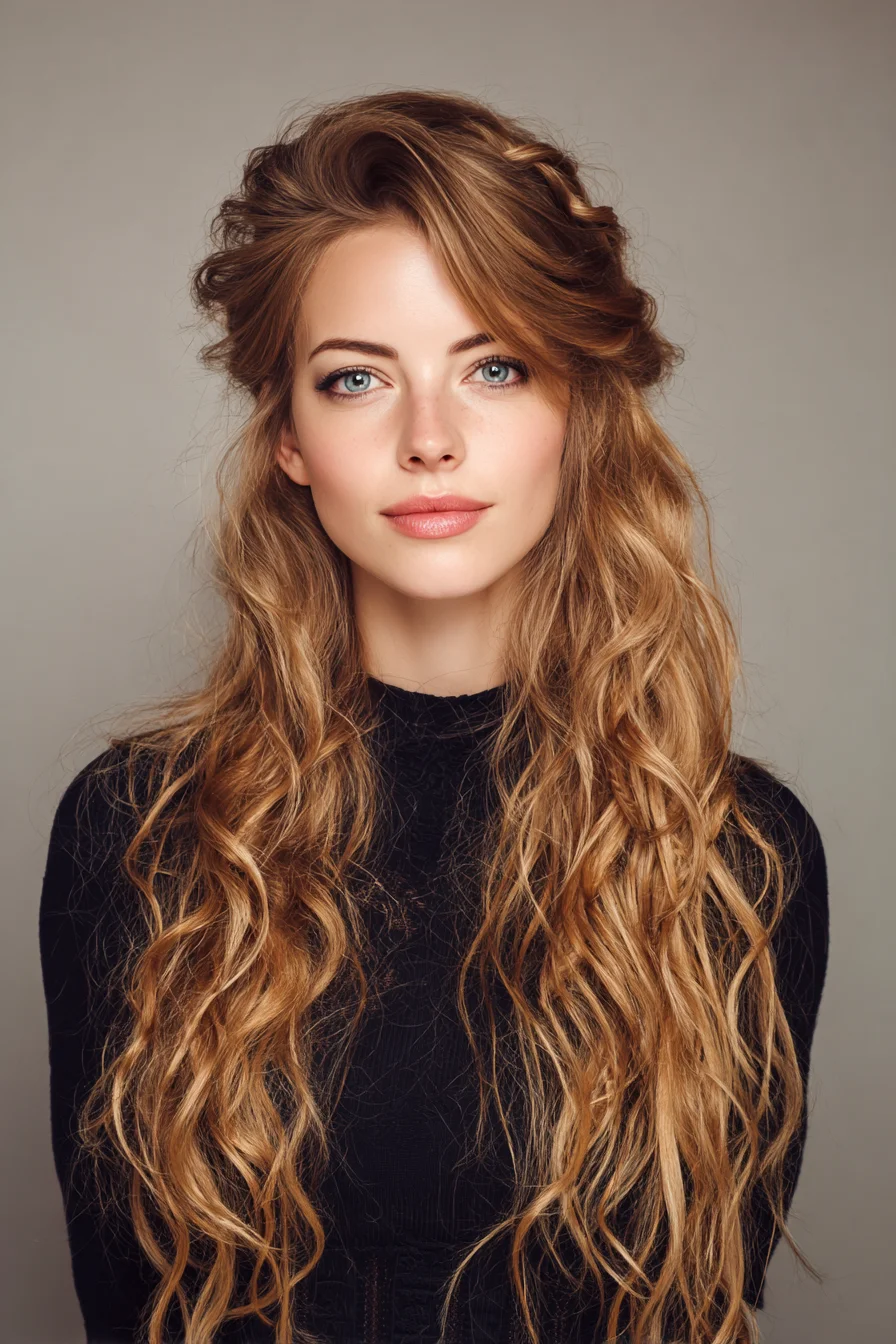 Long Beach Waves with Soft Half-Up Twisted Crown