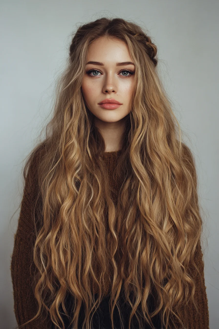 Long Beachy Waves with Crown Braids — Loose Half-Up Wavy Hairstyle