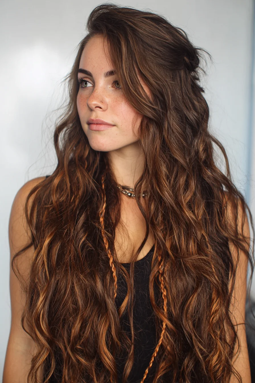 Long Beachy Waves with Face‑Framing Layers and Micro Braids