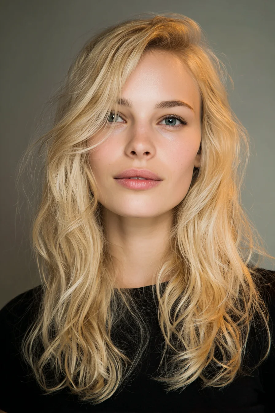 Long Blonde Textured Waves with Face‑Framing Layers