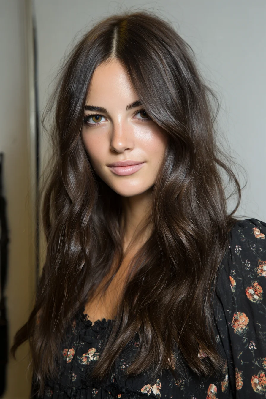 Long Chocolate Brown Layers with Soft Face-Framing Waves