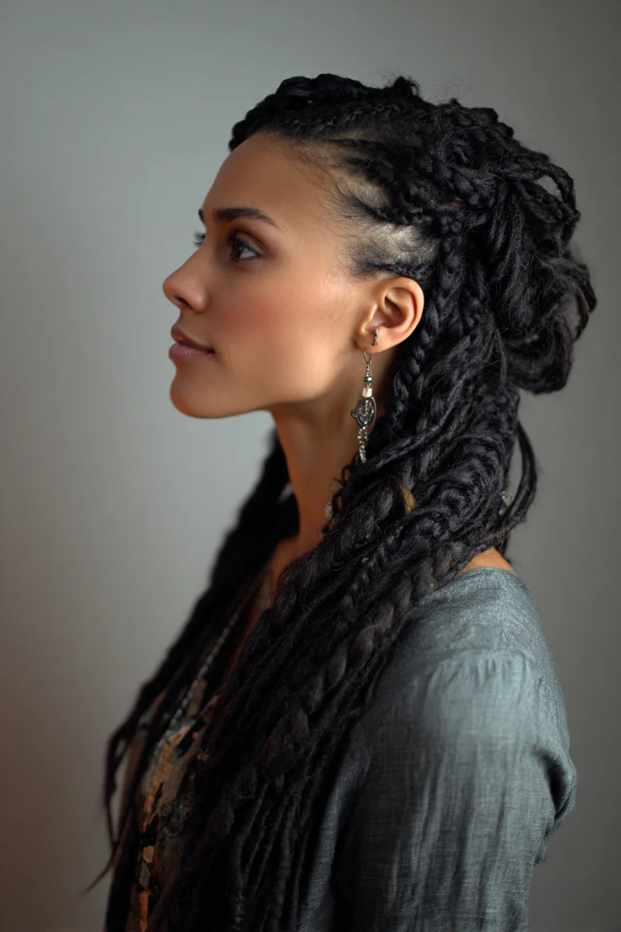 Long Faux Locs with Side Cornrows and Low Half-Up Bun