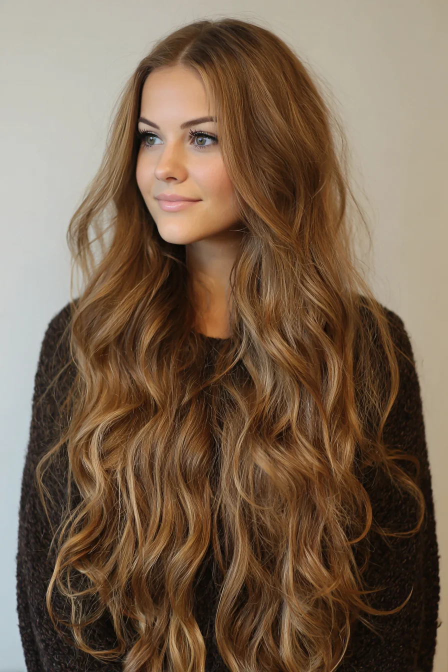 Long Layered Beach Waves with Face‑Framing Curtain Layers