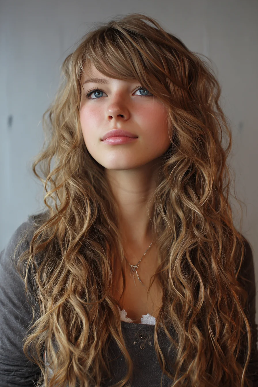 Long Layered Beach Waves with Side‑Swept Bangs