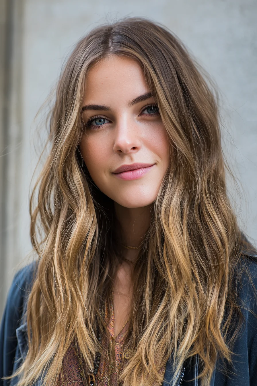 Long Layered Beachy Waves with Soft Balayage and Center Part