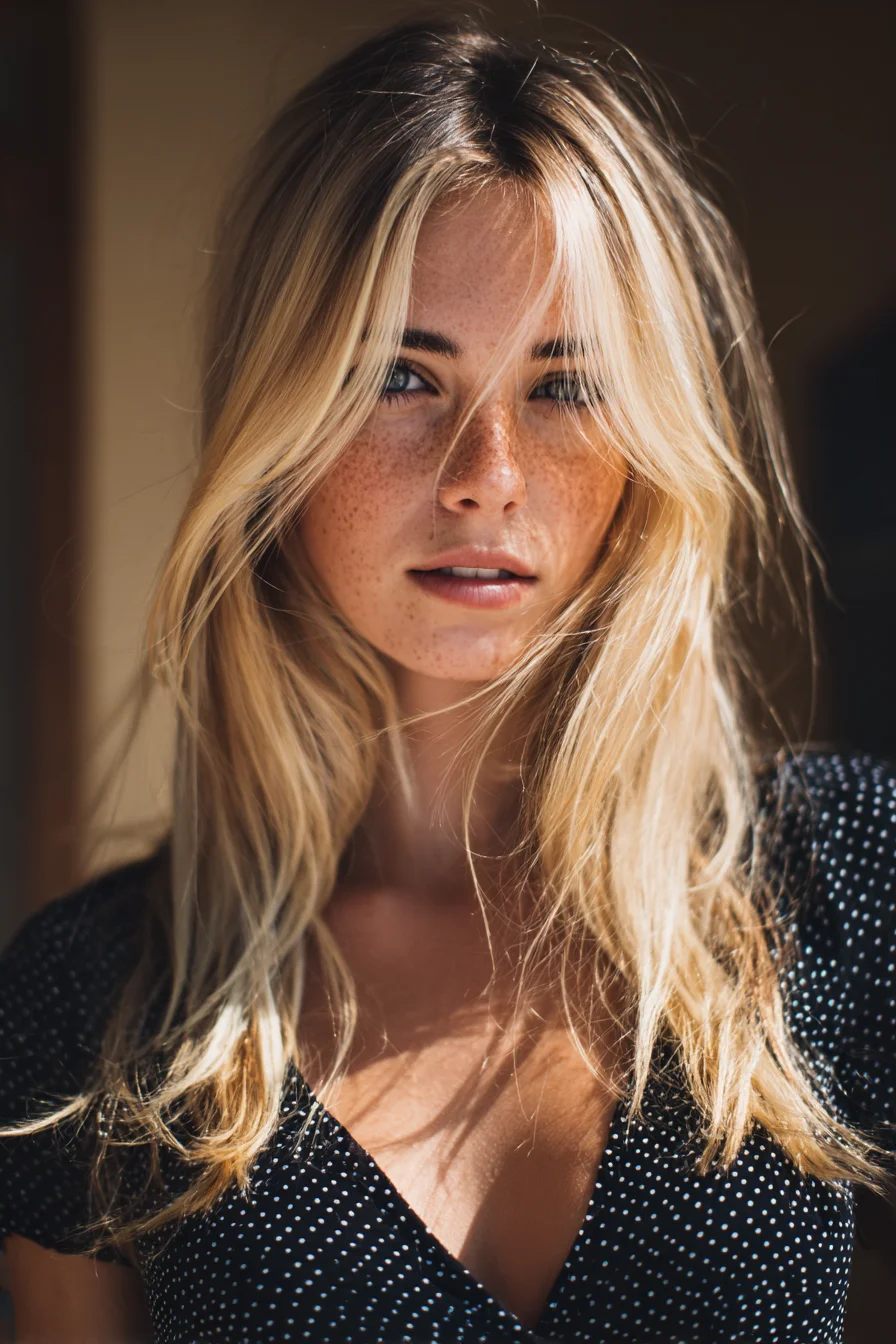 Long Layered Blonde with Curtain Bangs and Beachy Texture