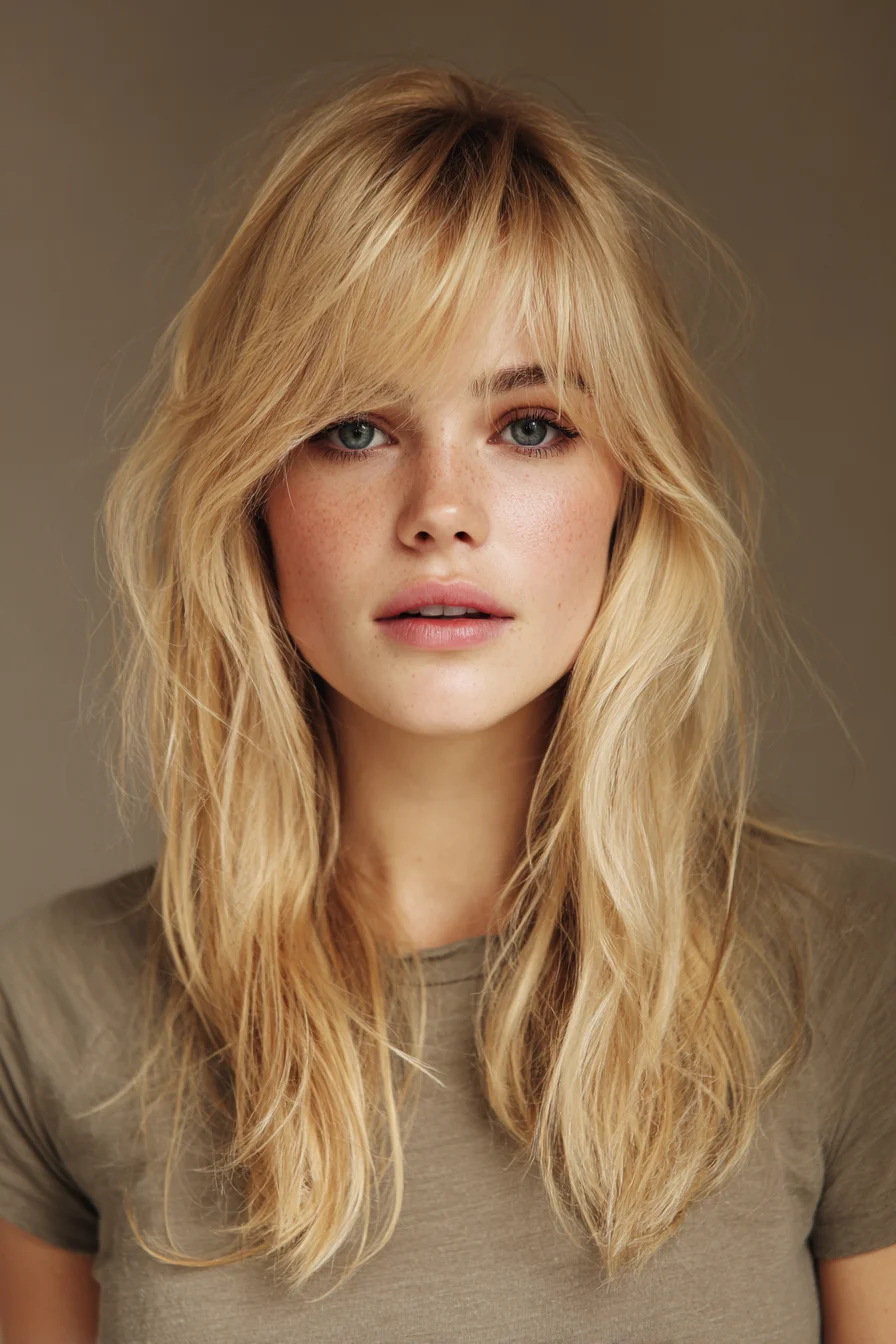 Long Layered Blonde with Curtain Bangs and Textured Beach Waves